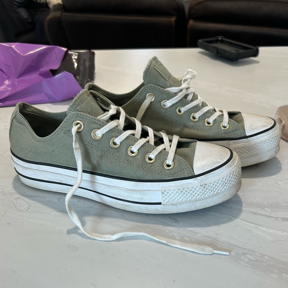 Converse Low-Top Platform Sneakers in Olive Green and White